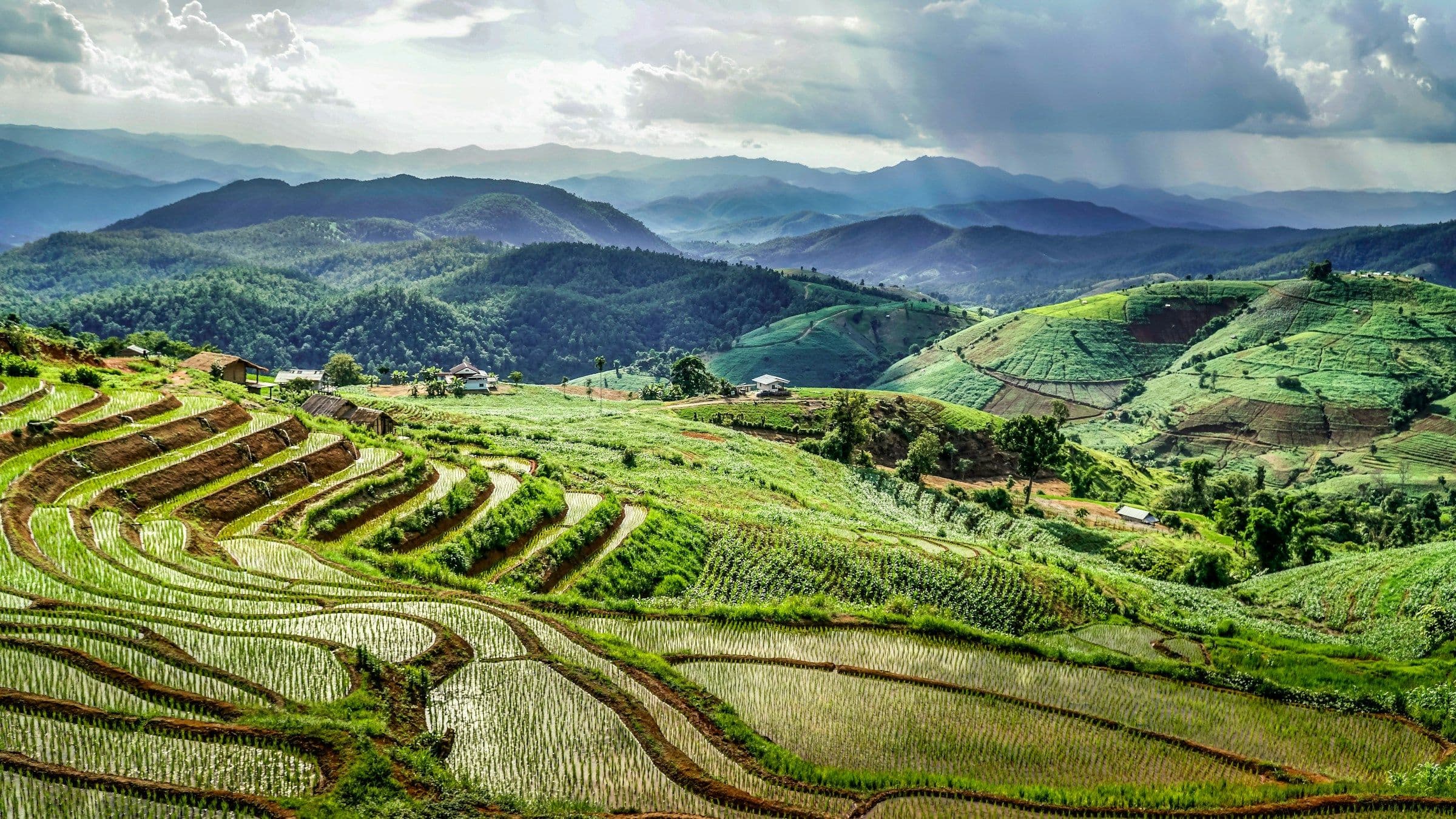 Terraced rice fields among green hills in the Mae Chaem district near Chiang Mai, northern Thailand.