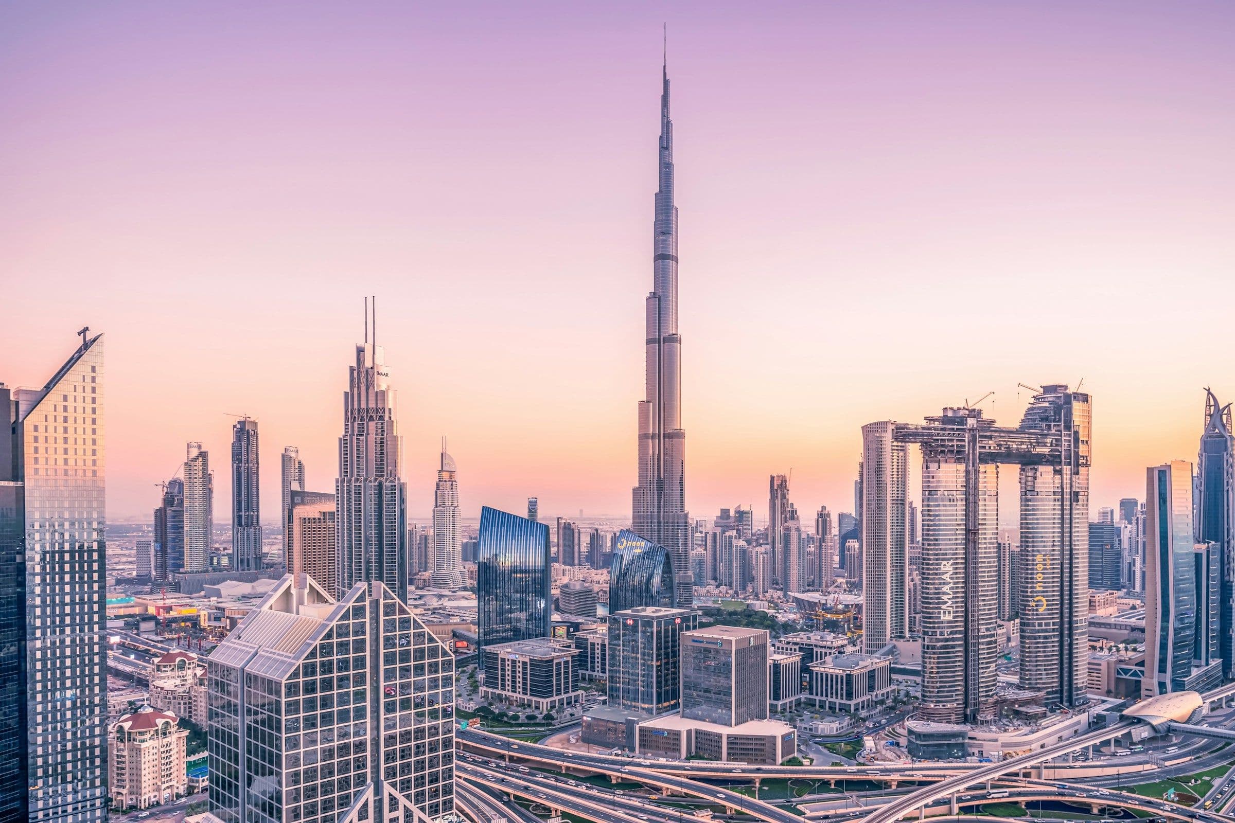 The Burj Khalifa rising above the towers of downtown Dubai.