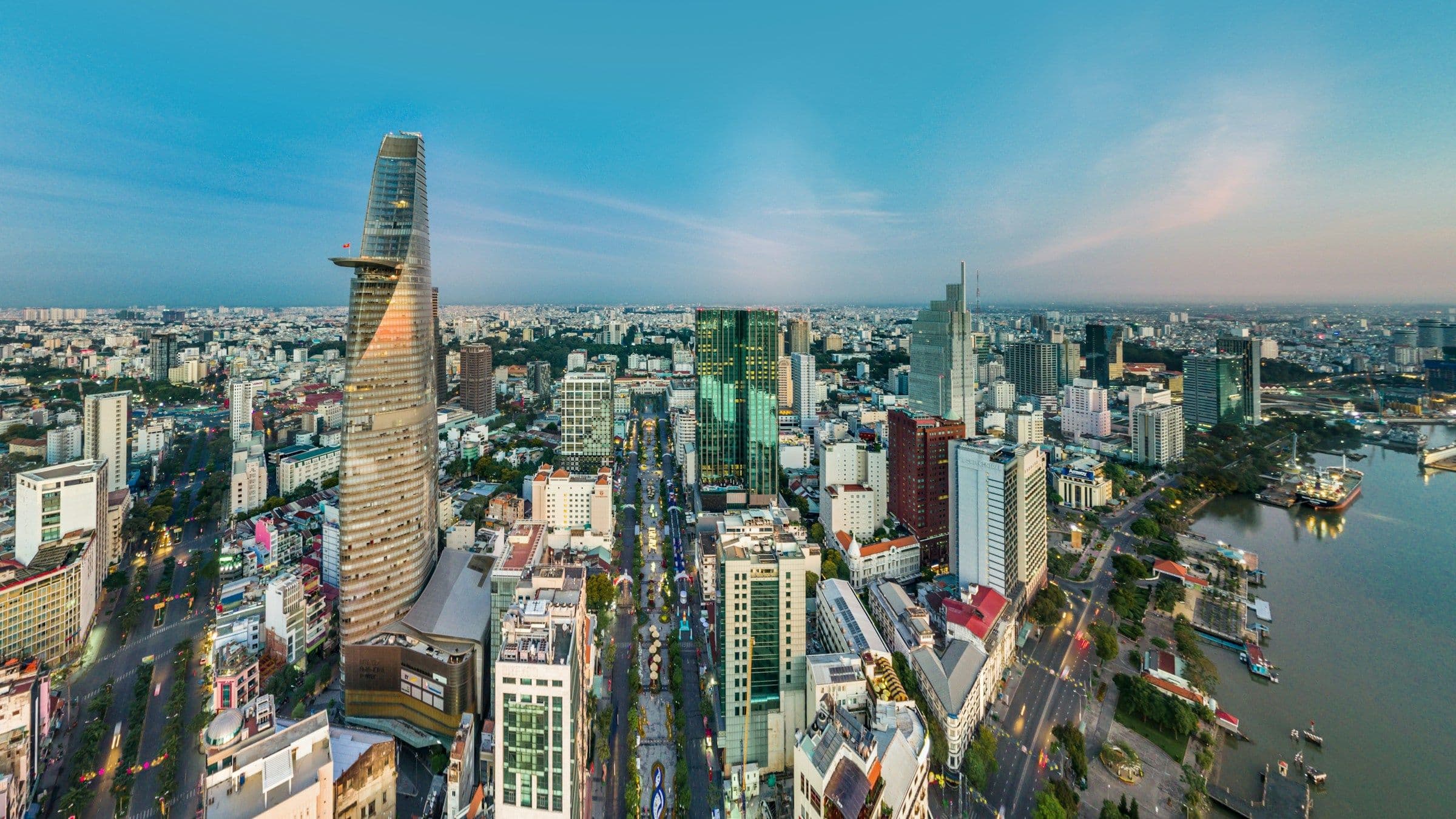 The towers of central Ho Chi Minh City, Vietnam, seen from above on a clear day.