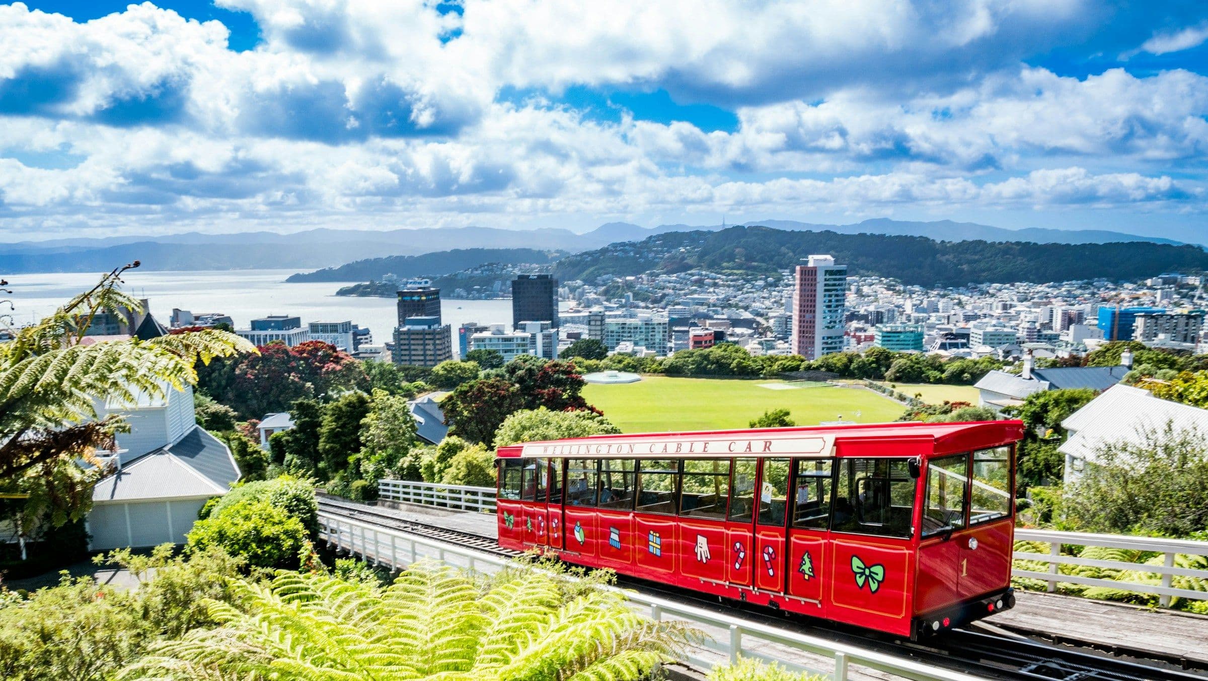 The red Wellington Cable Car climbing above the city and its harbour, New Zealand.
