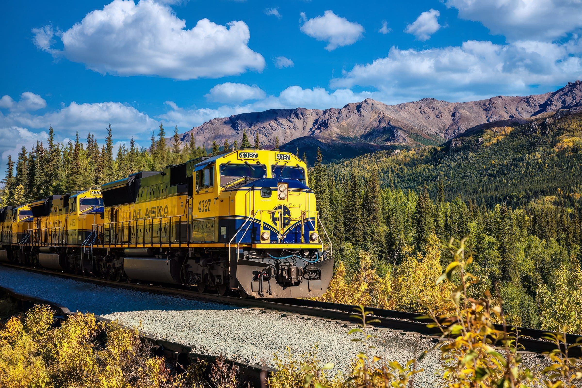 A blue and yellow Alaska Railroad train among autumn trees near Denali National Park.