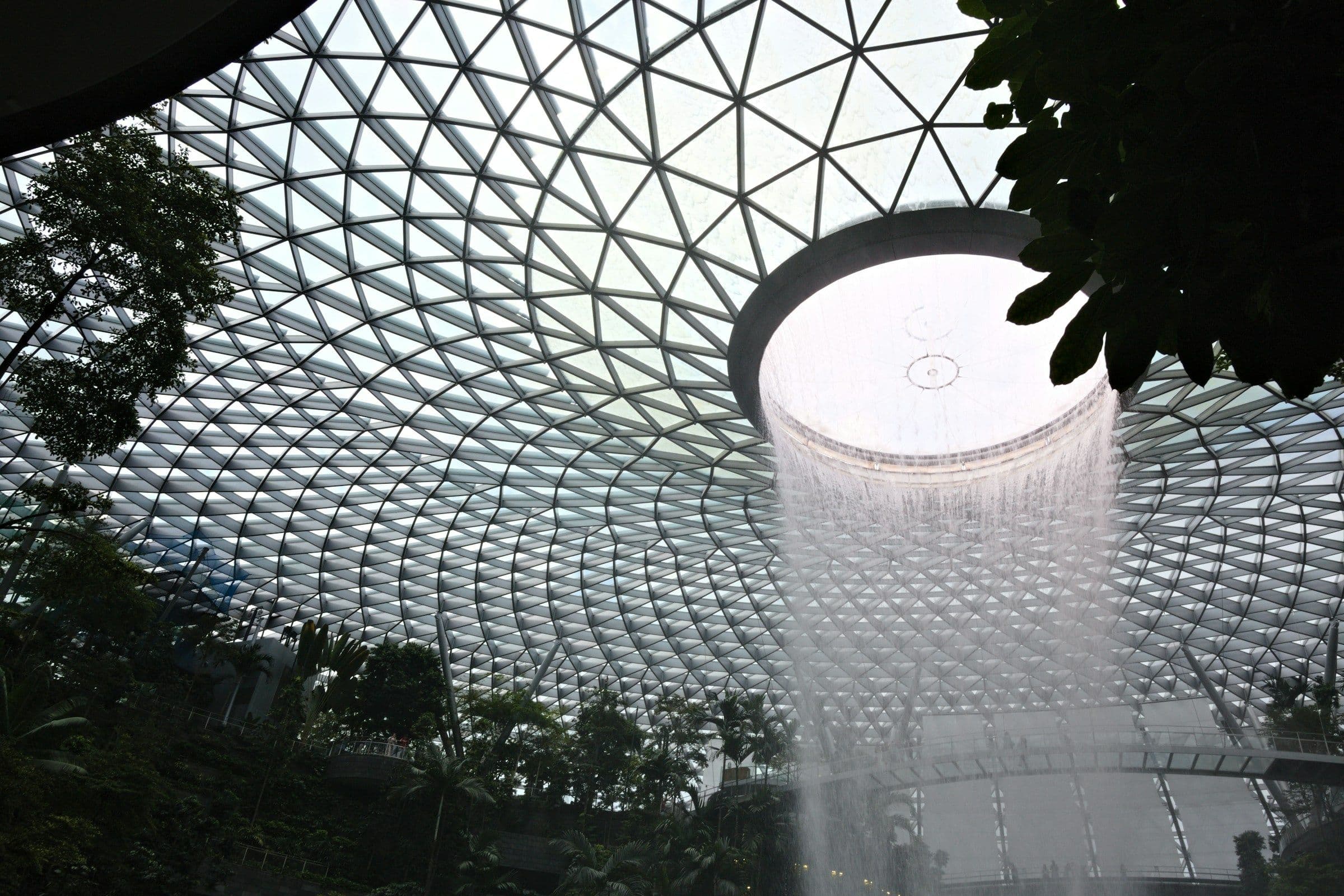 The indoor waterfall falling through the glass roof of Jewel at Changi Airport, Singapore, seen from the gardens below.
